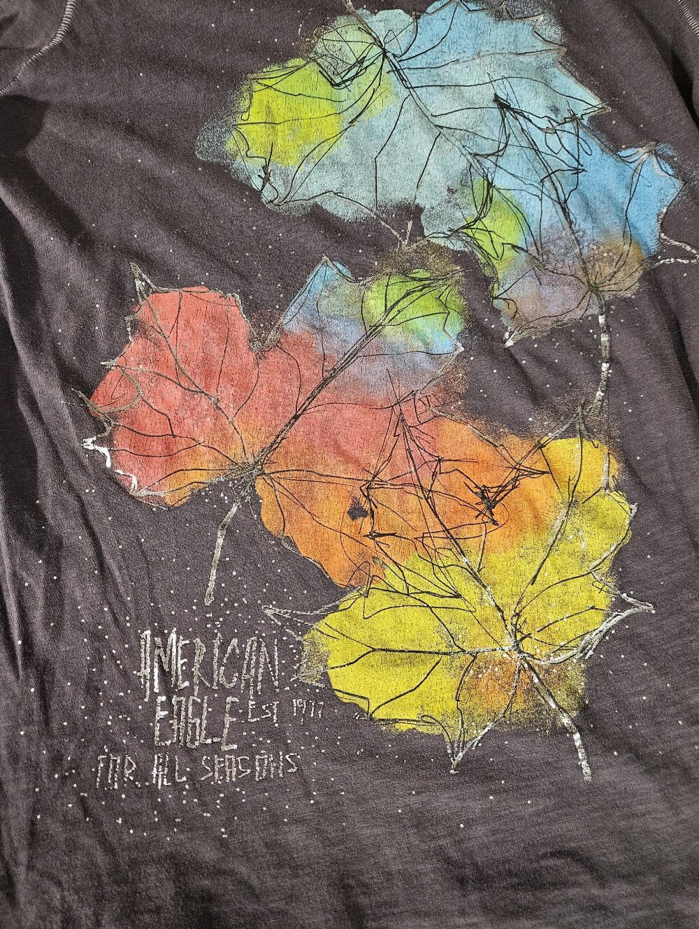 American Eagle Black / Gray Graphic Tee with Colorful Leaf Print Size Large - Picture 2 of 4